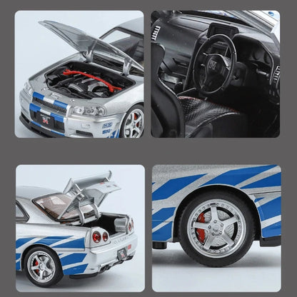 1:24 Nissan GTR R34 Skylin Fast & Furious Alloy Car Model Sound and Light Pull Back Toy Collectibles Gift