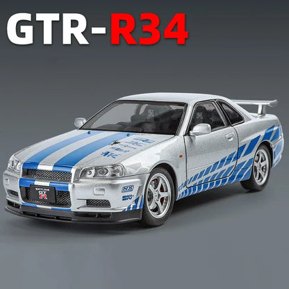 1:24 Nissan GTR R34 Skylin Fast & Furious Alloy Car Model Sound and Light Pull Back Toy Collectibles Gift