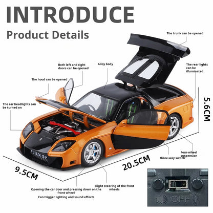 1:24 Boxed RX7 Fast & Furious 3 Han's Iconic Ride Exquisite Die-Cast Alloy Supercar Model Decorative Light & Sound Collect