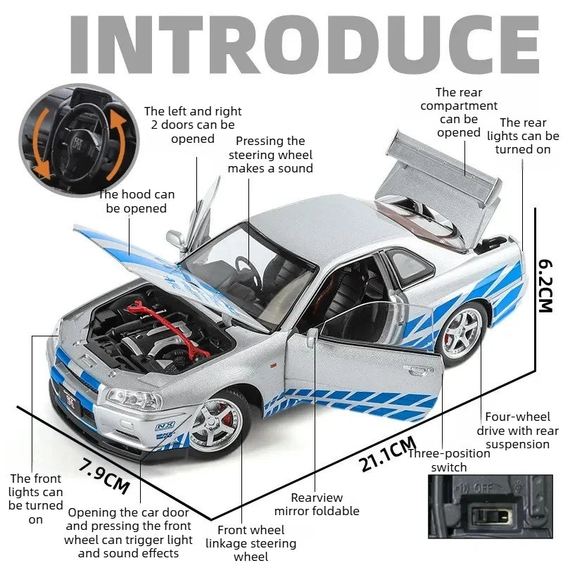 1:24 Nissan GTR R34 Skylin Fast & Furious Alloy Car Model Sound and Light Pull Back Toy Collectibles Gift