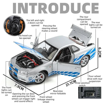 1:24 Nissan GTR R34 Skylin Fast & Furious Alloy Car Model Sound and Light Pull Back Toy Collectibles Gift