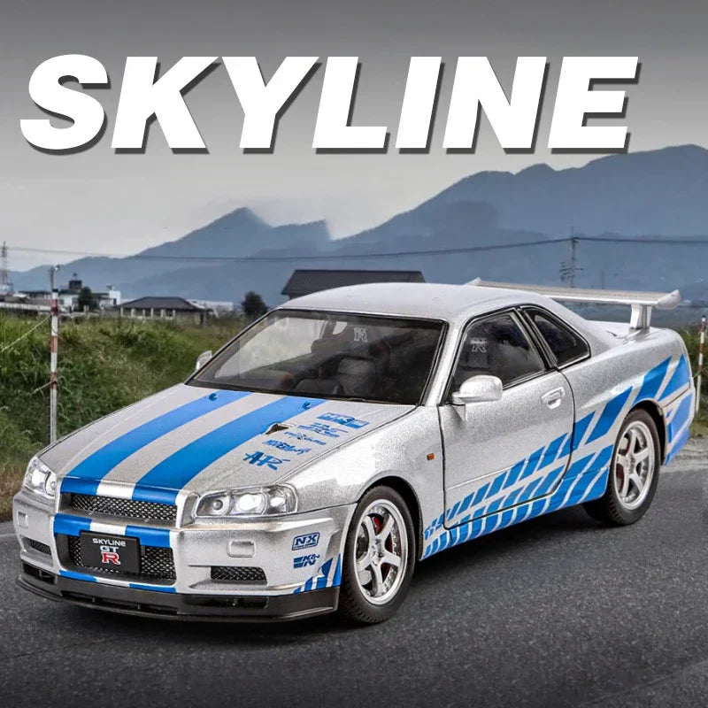 1:24 Nissan GTR R34 Skylin Fast & Furious Alloy Car Model Sound and Light Pull Back Toy Collectibles Gift