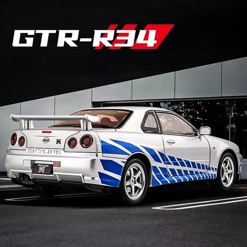 1:24 Nissan GTR R34 Skylin Fast & Furious Alloy Car Model Sound and Light Pull Back Toy Collectibles Gift