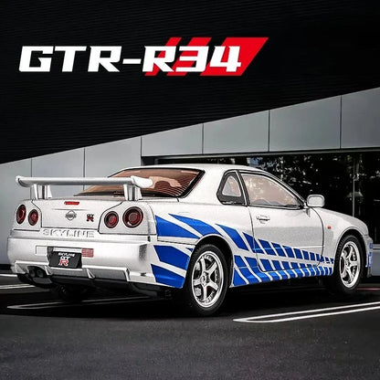 1:24 Nissan GTR R34 Skylin Fast & Furious Alloy Car Model Sound and Light Pull Back Toy Collectibles Gift