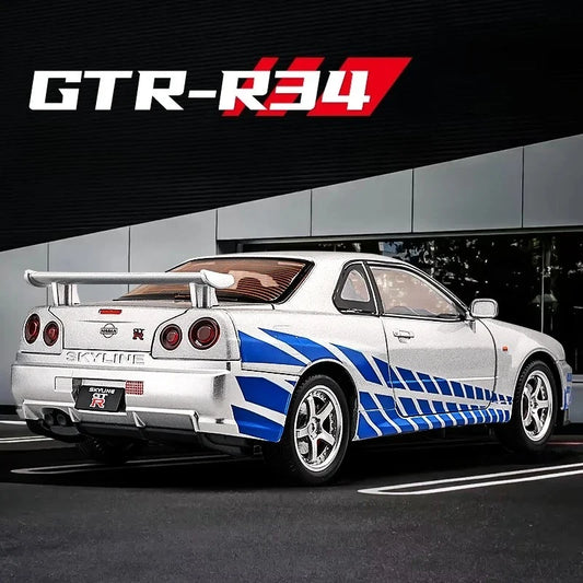 1:24 Nissan GTR R34 Skylin Fast & Furious Alloy Car Model Sound and Light Pull Back Toy Collectibles Gift
