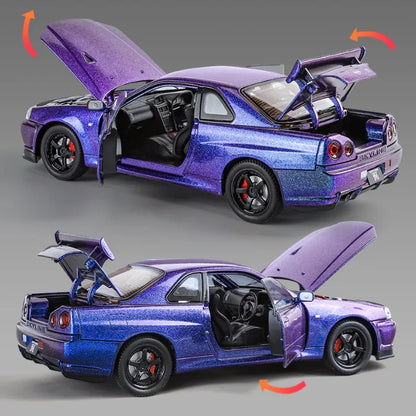 1:24 Nissan GTR R34 Skylin Fast & Furious Alloy Car Model Sound and Light Pull Back Toy Collectibles Gift